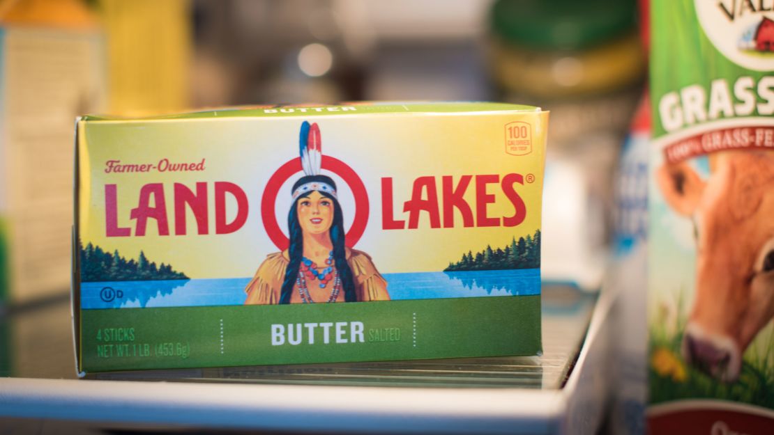 A container of Land O'Lakes brand butter showing its old logo. 