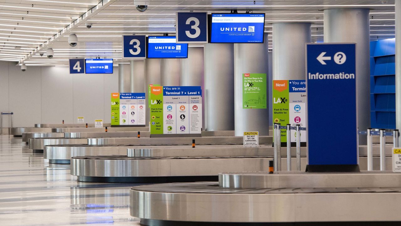 A view of baggage claim at the United Airlines terminal at Los Angeles International Airport (LAX) during the outbreak of the novel coronavirus.