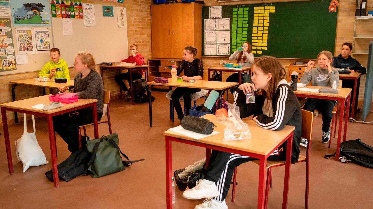 Students are separated during their lunch break at Korshoejskolen Public school in Randers, Denmark as schools reopened for younger children after a month on April 15.