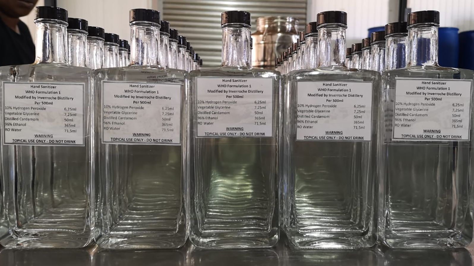 Bottles that would have once held Inverroche gin will now be used for hand sanitizer at the South African distillery.