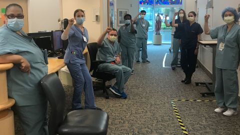 Nurses at Providence Saint John's Health Center in Santa Monica, California, shortly after they refused to enter Covid-19 patient rooms on April 9 without being given N95 masks.