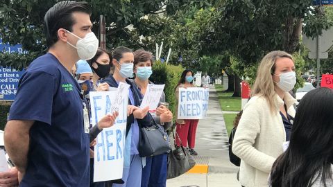 Outside of PSJHC, nurses hold a protest over the nurses suspended for refusing to enter coronavirus patient rooms without N95 masks.
