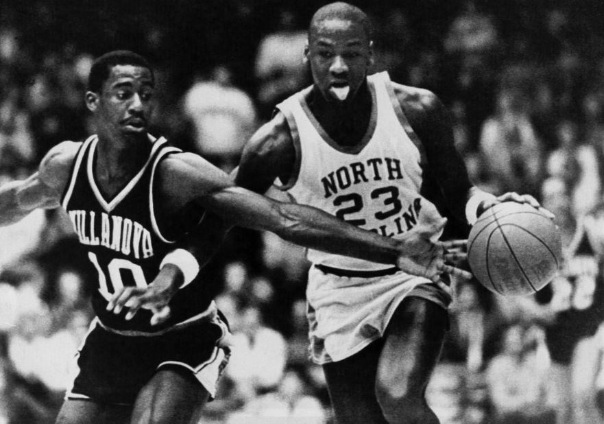 During a game against Villanova, Jordan flashes the wagging tongue that would soon become his signature.