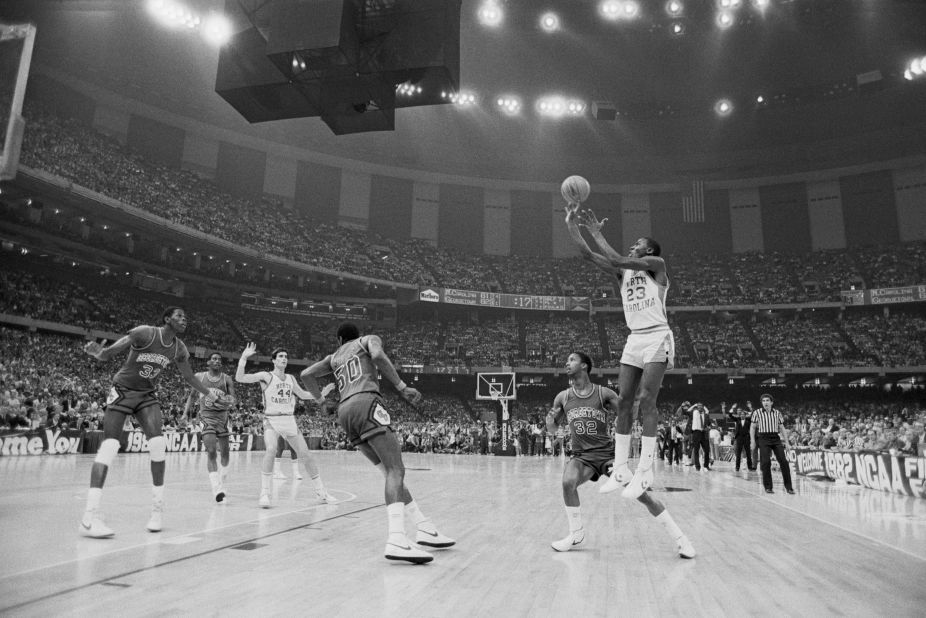 Jordan shoots the game-winning jumper in the final of the 1982 NCAA Tournament. North Carolina defeated Georgetown 63-62 for its first national title since 1957.