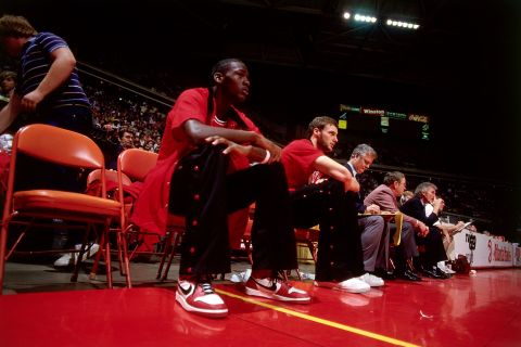 Jordan rests on the bench during a game in Atlanta. Jordan was the NBA's Rookie of the Year in 1985, but the Bulls had a losing record and were swept in the first round of the playoffs.