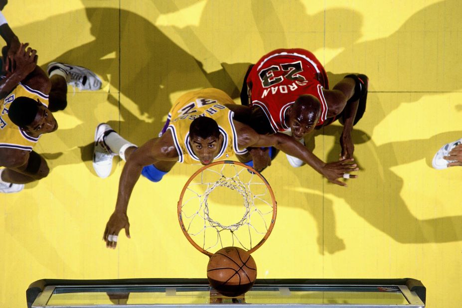 Jordan and Magic Johnson battle for a rebound as the Bulls took on the Los Angeles Lakers during the 1991 NBA Finals.