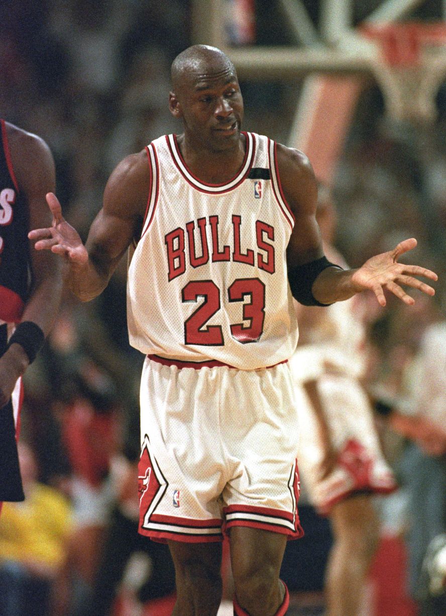 Jordan famously shrugs his shoulders after hitting another 3-pointer during the 1992 NBA Finals versus Portland. Jordan was red-hot during the first half of Game 1, scoring a Finals-record 35 points on six 3-pointers. He finished the game with 39 points and the Bulls went on to win easily.