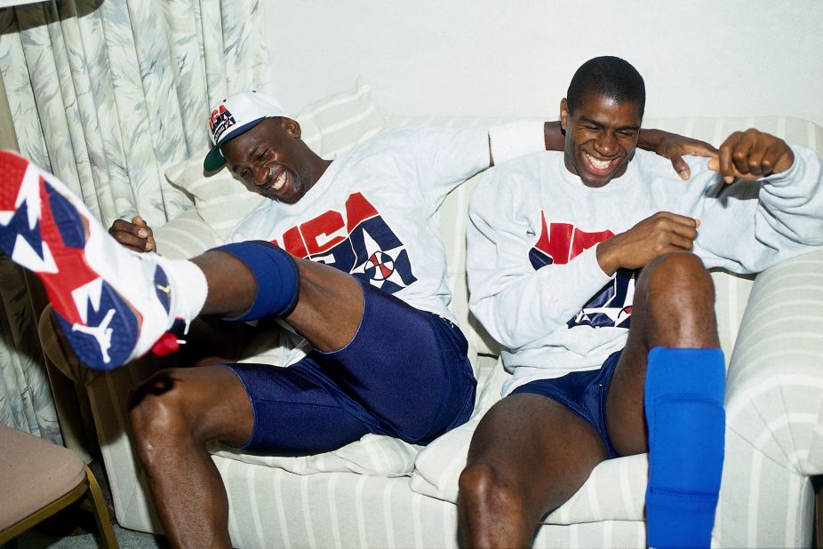 Former rivals became teammates when the Summer Olympics came around in 1992. Professional players were now allowed to play in the Olympics, and the United States "Dream Team" included Jordan and Magic Johnson, seen here. The "Dream Team" was must-see television that year, and it was no surprise when it took home the gold medal.