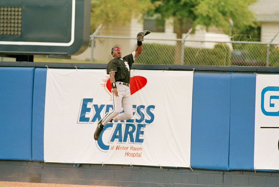 Jordan leaps for a catch during a game in Winter Haven, Florida, in March 1994. He played 127 games in the minors, hitting .202 with three home runs and 55 RBIs.