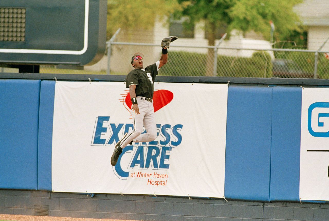 Jordan leaps for a catch during a game in Winter Haven, Florida, in March 1994. He played 127 games in the minors, hitting .202 with three home runs and 55 RBIs.
