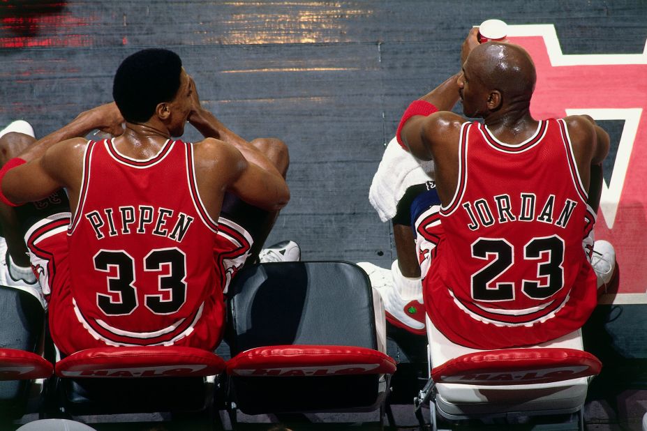 Jordan talks with Bulls teammate Scottie Pippen during a game in Vancouver, British Columbia. Jordan and Pippen were a potent 1-2 punch during the Bulls' championship years, excelling at both offense and defense. Pippen was named to the Basketball Hall of Fame in 2010, a year after Jordan.