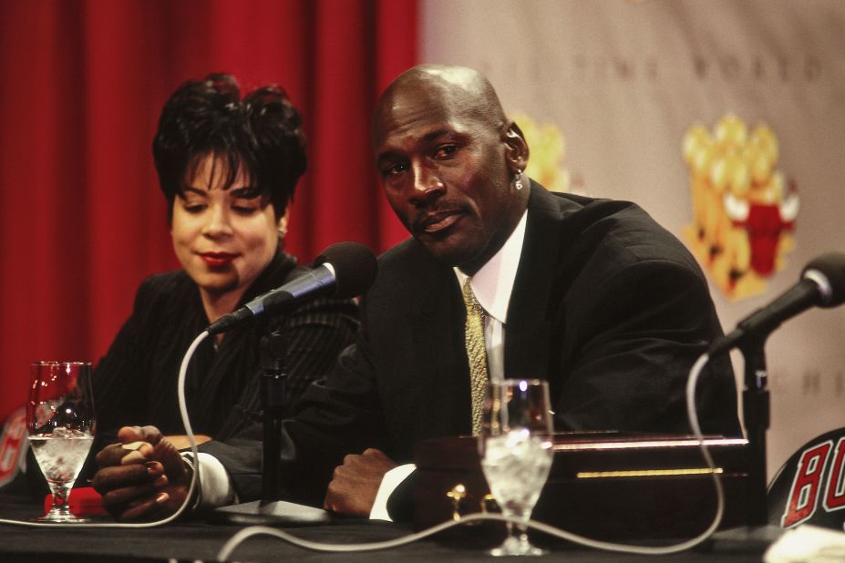 Jordan is joined by his wife, Juanita, as he announces his second retirement in January 1999. But he still had one more comeback left in him.