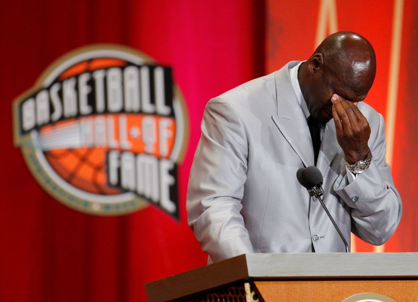 Jordan becomes emotional as he is inducted into the Basketball Hall of Fame in 2009. "The game of basketball has been everything to me," he said. "My refuge. My place I've always gone when I needed to find comfort and peace. It's been a source of intense pain and a source of most intense feelings of joy and satisfaction."