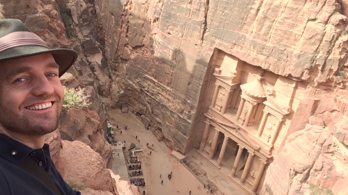 Pedersen poses for a selfie in Petra, Jordan.