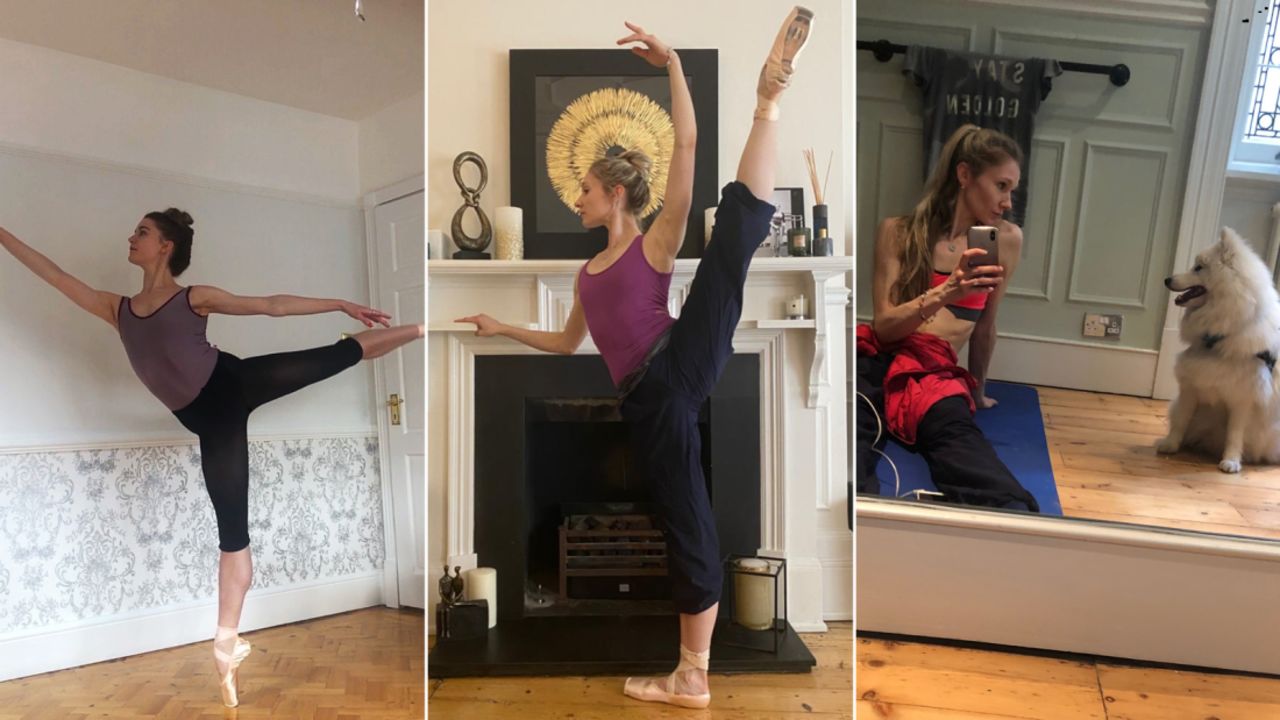 First Soloists Anna Rose O'Sullivan (left) and Melissa Hamilton (middle & right) training at home