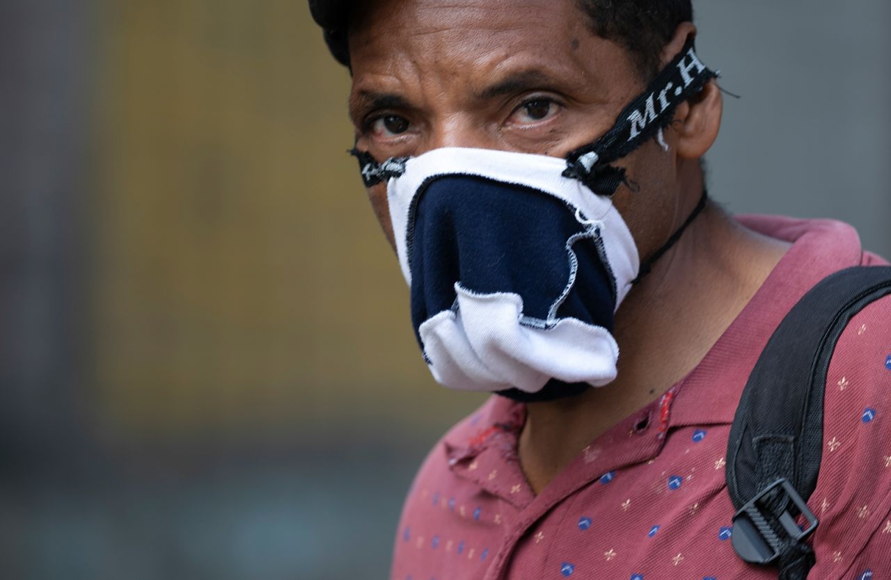A man wears a homemade mask in Caracas, Venezuela.