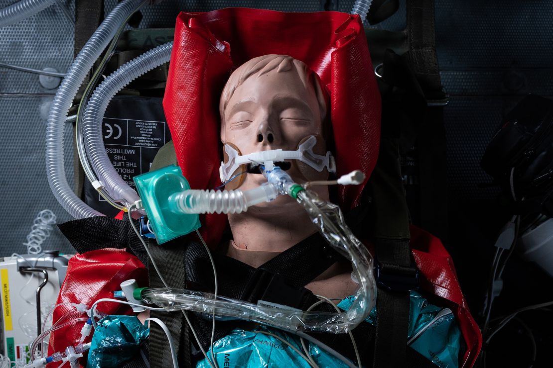 A medical mannequin wears a ventilator in a military exercise on April 9 in Andover, England. 
