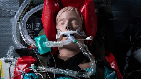 A medical mannequin wears a ventilator in a military exercise on April 9 in Andover, England. 