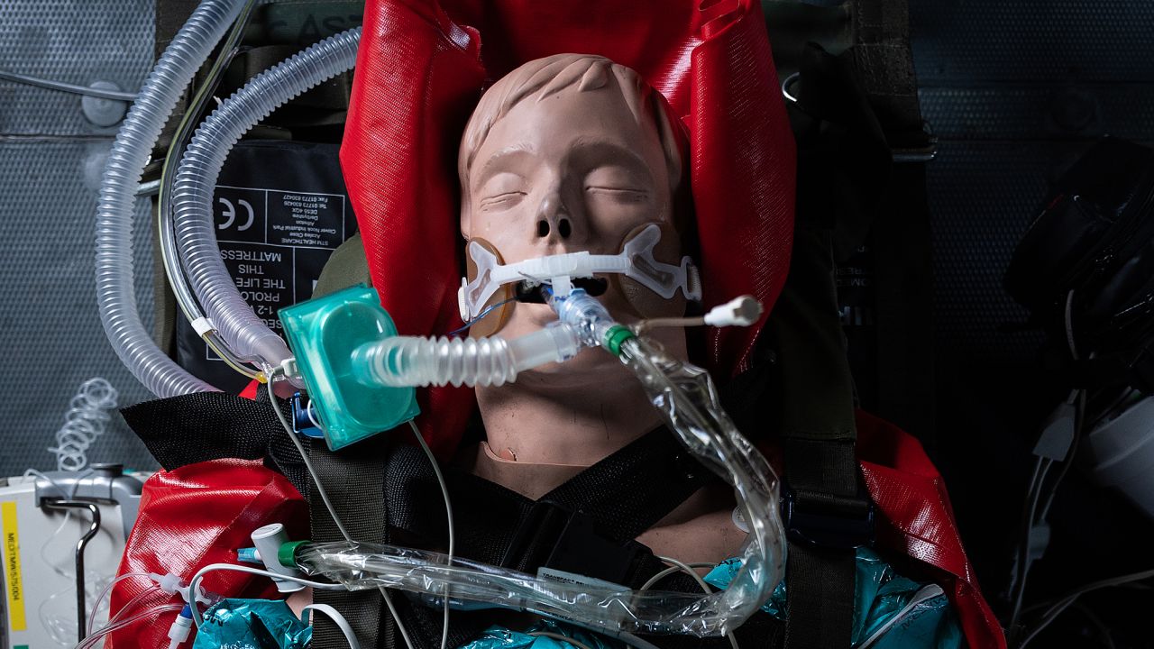 A medical mannequin wears a ventilator in a military exercise on April 9 in Andover, England.