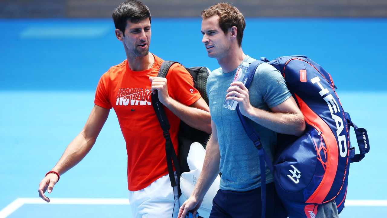 Djokovic talks with Murray before their practice match ahead of the 2019 Australian Open.