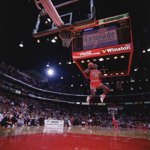 To this day, people still talk about the 1988 NBA Dunk Contest, a memorable duel between Jordan and Dominique Wilkins. The two went tit-for-tat in the finals, with both scoring a pair of perfect 50s. In the end, it was Jordan — with the support of the hometown Chicago crowd — clinching back-to-back dunk titles. 