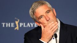 PONTE VEDRA BEACH, FLORIDA - MARCH 12: PGA TOUR Commissioner, Jay Monahan speaks to the media in a press conference addressing the Coronavirus disease (COVID-19) on March 12, 2020 in Ponte Vedra Beach, Florida. (Photo by Cliff Hawkins/Getty Images)