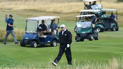 Trump golfs at his Turnberry resort in Scotland during his first official visit to the UK on July 15, 2018.