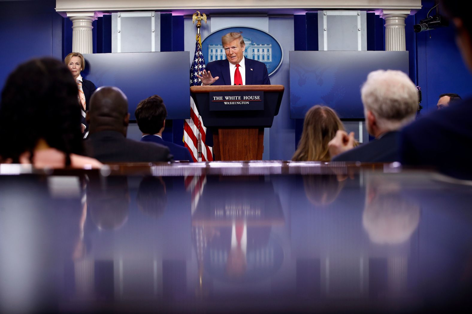 Trump speaks during the coronavirus briefing on April 18. Trump <a href="index.php?page=&url=https%3A%2F%2Fwww.cnn.com%2F2020%2F04%2F18%2Fpolitics%2Ftrump-governors-testing%2Findex.html" target="_blank">repeatedly blamed governors</a> for not making full use of coronavirus testing capacity in their states, even as several Democrat and Republican governors said they were facing shortages of critical supplies to conduct tests. "They don't want to use all of the capacity that we've created. We have tremendous capacity," Trump said. "They know that. The governors know that. The Democrat governors know that. They're the ones that are complaining."