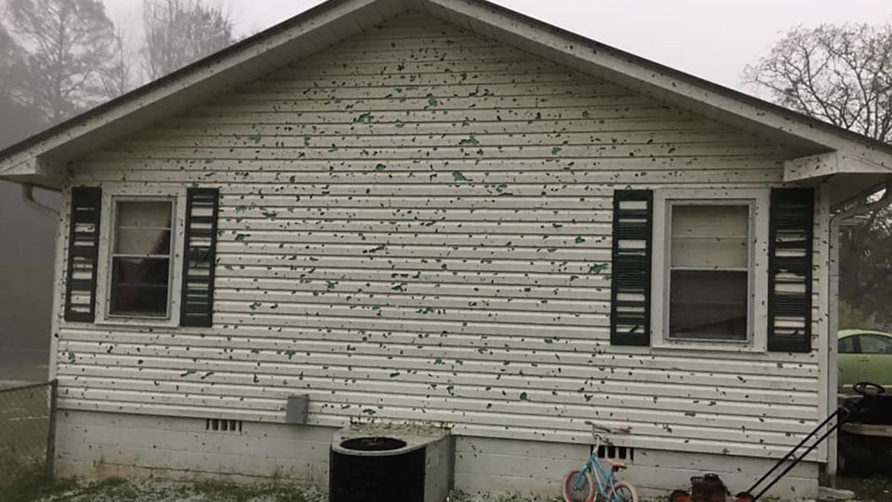 Hail damage is visible on the side of Shaina Scott's house in Alexander City, Alabama, on Sunday, April 19.