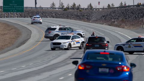 Police blocked the highway in Enfield, Nova Scotia, as they pursued the gunman Sunday.