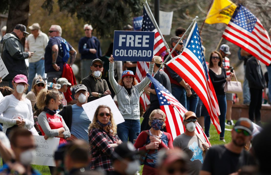 Demonstrators at the Colorado state Capitol during an April 19 protest against the stay-at-home order issued by Colorado Governor Jared Polis.