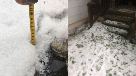Hail covers the ground in Alexander City, Alabama.