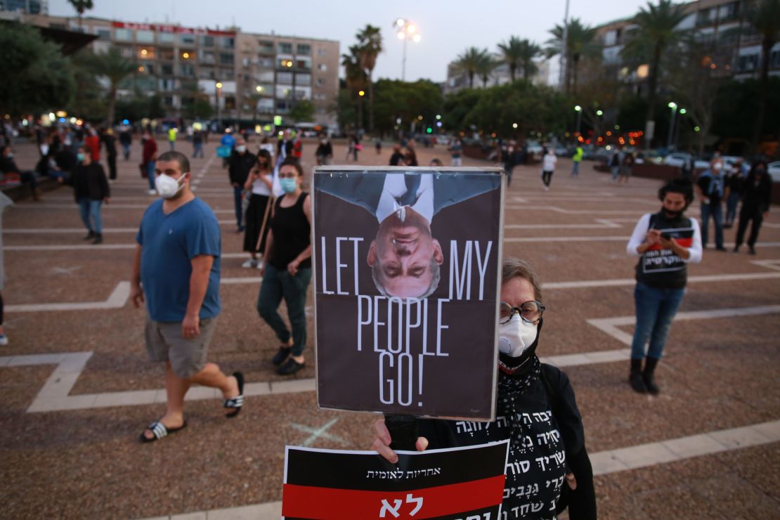 Israelis protest at Rabin Square in Tel Aviv on Sunday.
