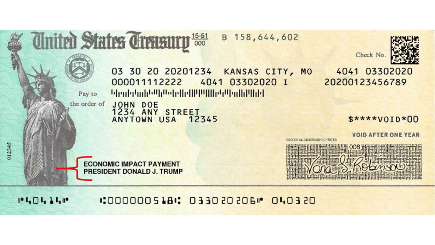 A prototype of what the stimulus checks featuring President Trump's name may look like when they're sent to millions of homes this summer. 