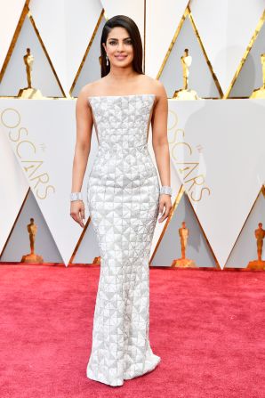 Chopra in a shimmering silver gown at the 89th Annual Academy Awards in Hollywood, 2017.