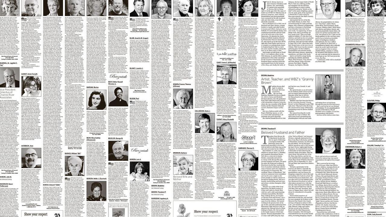 The Boston Globe published 16 pages of obituaries and death notices on Sunday, April 19. 