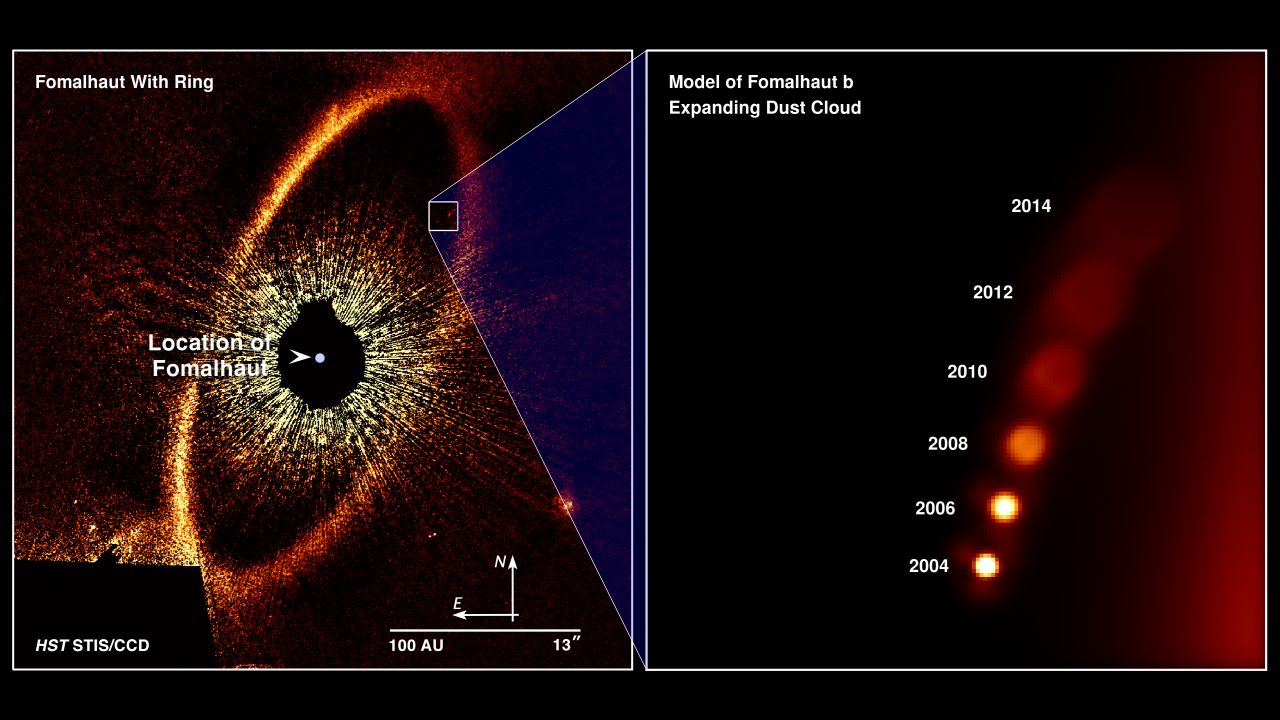 A Hubble image, left, shows a vast ring of icy debris around the star Fomalhaut. On the right is an image showing how the object faded in observations over time. 