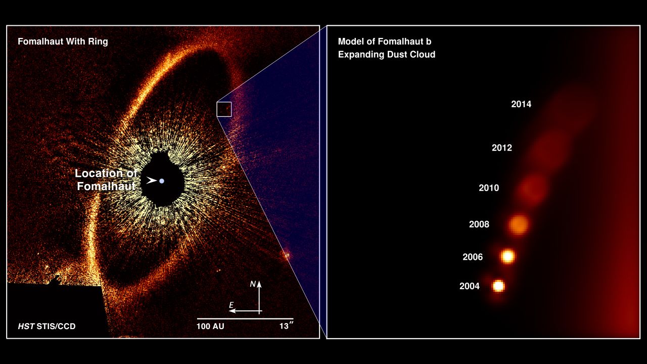 A Hubble image, left, shows a vast ring of icy debris around the star Fomalhaut. On the right is an image showing how the object faded in observations over time.