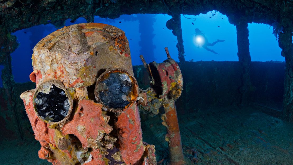 Machinery is seen inside the bridge of the Nippo Maru shipwreck, one of the famous dive sites in this Graveyard of the Pacific.