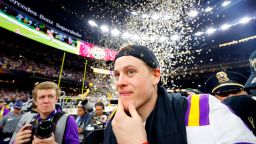 NEW ORLEANS, LOUISIANA - JANUARY 13: Joe Burrow #9 of the LSU Tigers celebrates after defeating the Clemson Tigers 42-25 in the College Football Playoff National Championship game at Mercedes Benz Superdome on January 13, 2020 in New Orleans, Louisiana. (Photo by Kevin C. Cox/Getty Images)