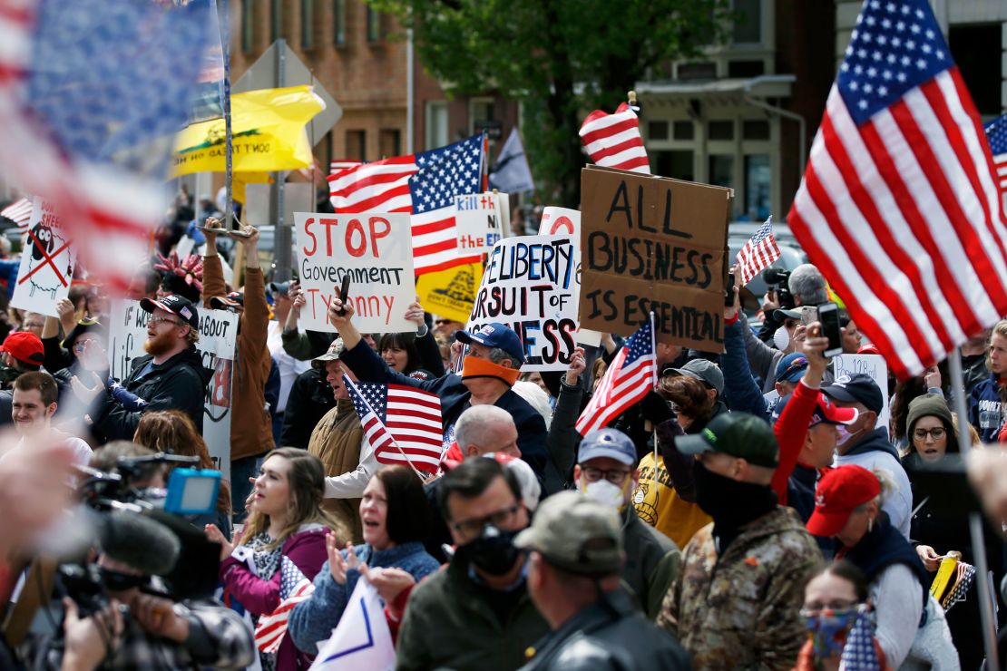 Protesters gather at the Pennsylvania state Capitol in Harrisburg on April 20, 2020, to demand that Gov. Tom Wolf reopen the state's economy. 