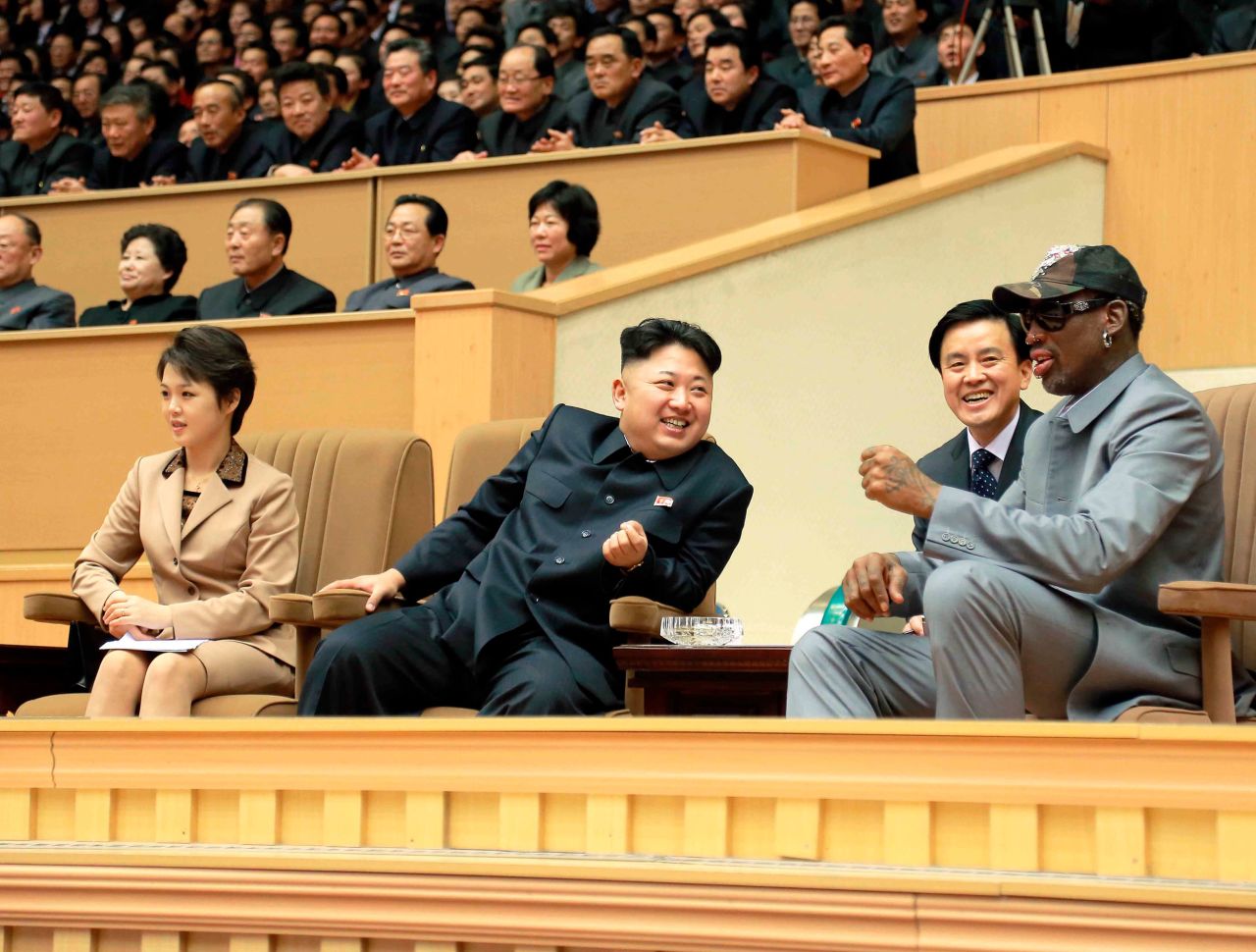 In January 2014, Kim hosted basketball legend Dennis Rodman and other former NBA players who were taking on North Koreans in an exhibition game. Kim grew up a massive basketball fan, and he and Rodman struck up a friendship. This was Rodman's fourth visit to North Korea, and he called <a href="https://www.cnn.com/2014/01/08/world/gallery/rodman-north-korea-basketball-game/index.html" target="_blank">the game</a> "basketball diplomacy."