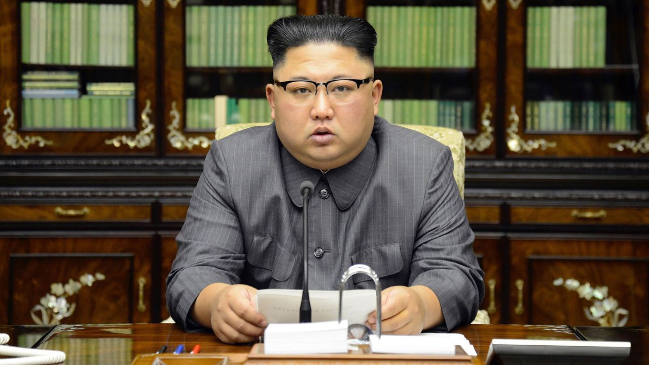 TOPSHOT - This picture taken on September 21, 2017 and released from North Korea's official Korean Central News Agency (KCNA) on September 22 shows North Korean leader Kim Jong-Un delivering a statement in Pyongyan as regards to a speech made by the president of the United States of America at the UN General Assembly.
US President Donald Trump is "mentally deranged" and will "pay dearly" for his threat to destroy North Korea, Kim Jong-Un said, in an unprecedented personal attack published hours after Washington vowed tougher sanctions over Pyongyang's nuclear programme. / AFP PHOTO / KCNA VIA KNS / STR / South Korea OUT / REPUBLIC OF KOREA OUT ---EDITORS NOTE--- RESTRICTED TO EDITORIAL USE - MANDATORY CREDIT "AFP PHOTO/KCNA VIA KNS" - NO MARKETING NO ADVERTISING CAMPAIGNS - DISTRIBUTED AS A SERVICE TO CLIENTS
THIS PICTURE WAS MADE AVAILABLE BY A THIRD PARTY. AFP CAN NOT INDEPENDENTLY VERIFY THE AUTHENTICITY, LOCATION, DATE AND CONTENT OF THIS IMAGE. THIS PHOTO IS DISTRIBUTED EXACTLY AS RECEIVED BY AFP. / (Photo credit should read STR/AFP via Getty Images)