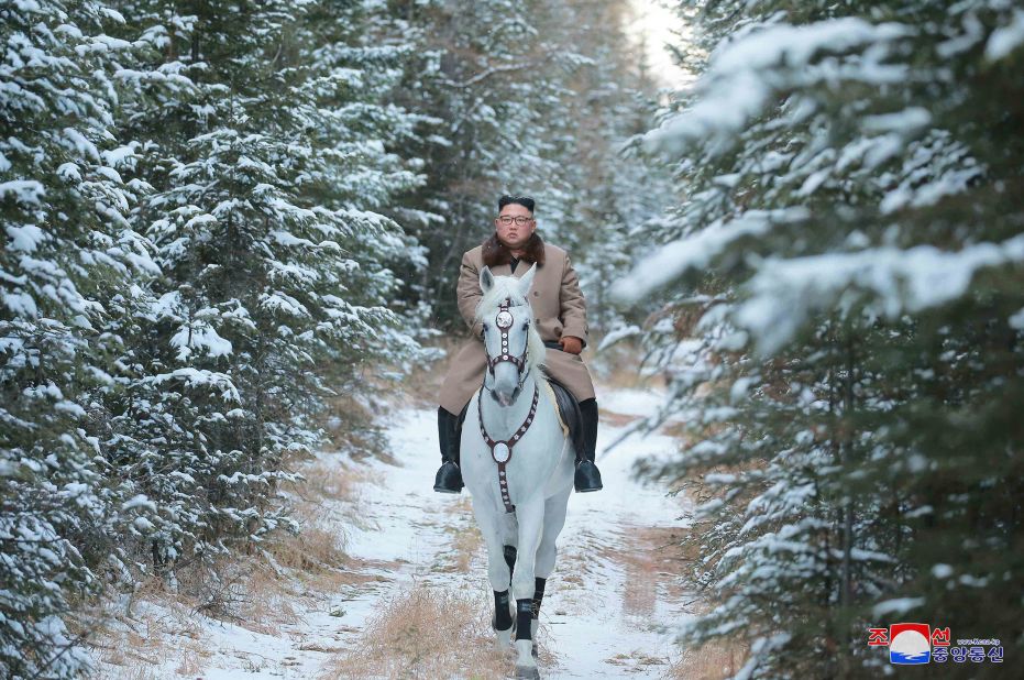 Kim rides a white horse in this photo released in October 2019 by the state-run Korean Central News Agency. He was riding during the first snow at Mount Paektu, a snowy mountain considered sacred to many Koreans. <a href="https://www.cnn.com/2019/10/15/asia/north-korea-kim-horse-intl-hnk-scli/index.html" target="_blank">The mountain is an important propaganda piece for North Korea,</a> as the Kim dynasty has absorbed its mythology into the family's own lore and deification.