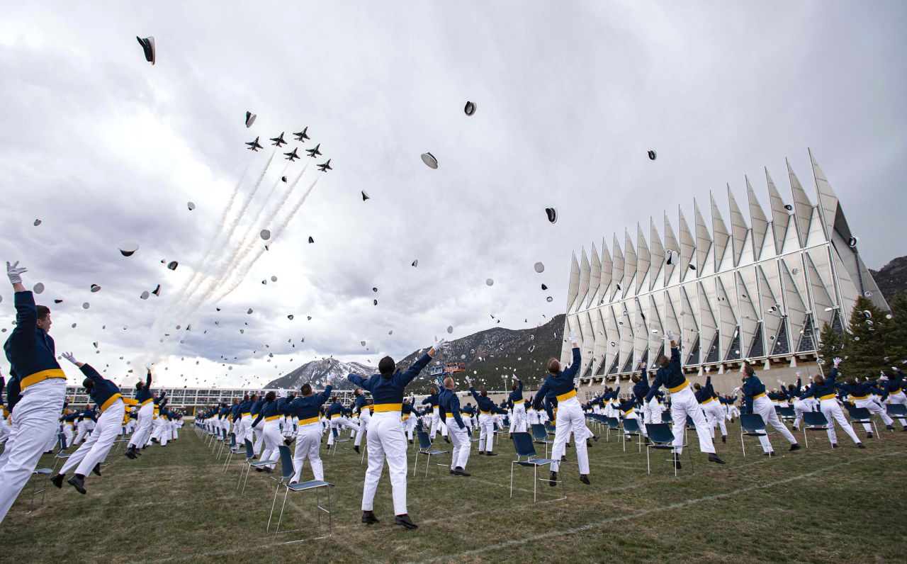 The class of 2020 tosses hats into the air at the <a href="https://www.cnn.com/2020/04/18/politics/mike-pence-air-force-academy-commencement-speech/index.html" target="_blank">Air Force Academy graduation</a> in Colorado Springs, Colorado.