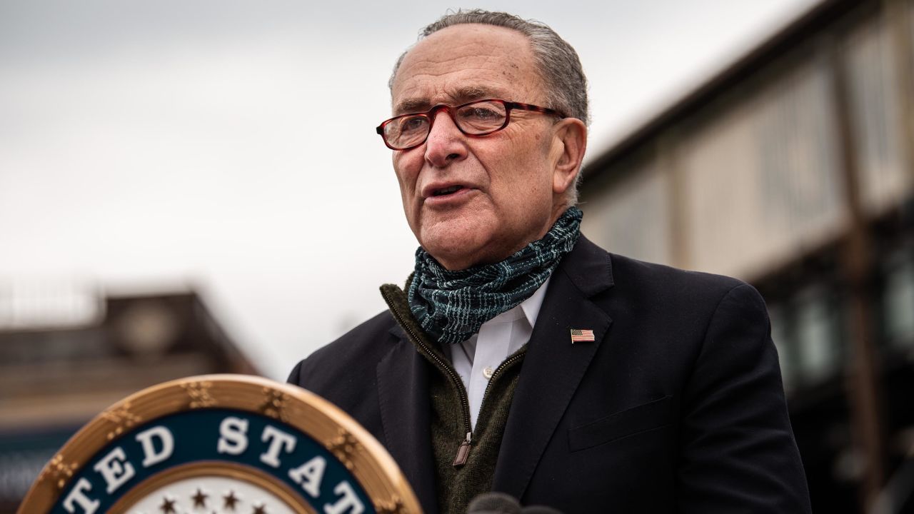 Senate Minority Leader Chuck Schumer (D-NY) speaks at a press conference at Corona Plaza in Queens on April 14, 2020 in New York City.
