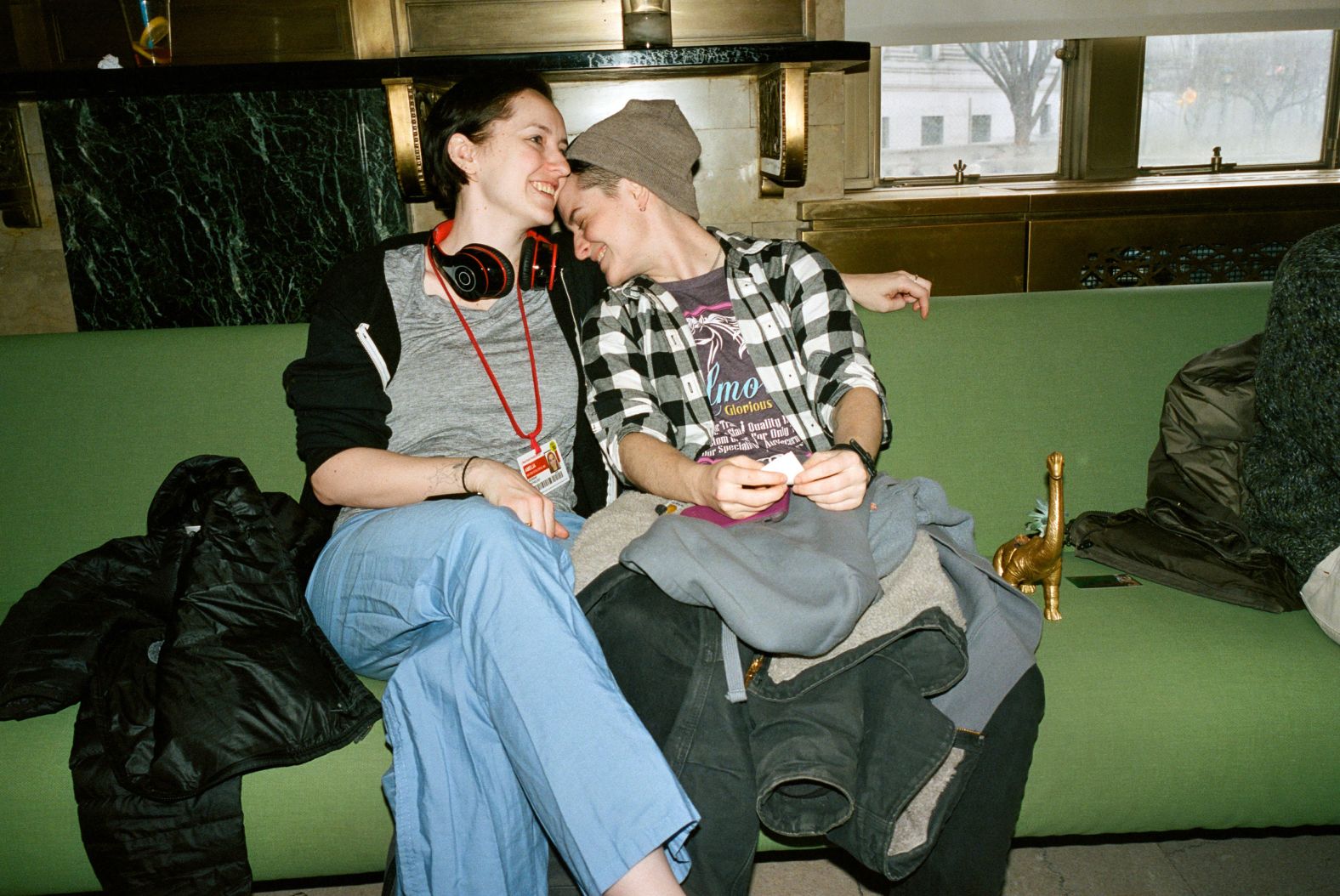 Dr. Amelia Baxter-Stoltzfus, left, and her partner, Lillis Meeh, sit inside the Manhattan Marriage Bureau in New York on March 16. The pair opted for a domestic partnership. <a href="index.php?page=&url=https%3A%2F%2Fwww.nytimes.com%2F2020%2F03%2F18%2Ffashion%2Fweddings%2Fcoronavirus-city-hall-marriages.html" target="_blank" target="_blank">According to The New York Times</a>, "the couple had decided to become domestic partners, in large part so Ms. Meeh could be covered through Dr. Baxter-Stoltzfus's insurance." Baxter-Stoltzfus is a resident at NewYork-Presbyterian Hospital, and Meeh lost her special-effects job on Broadway after the play she was working on shut down.