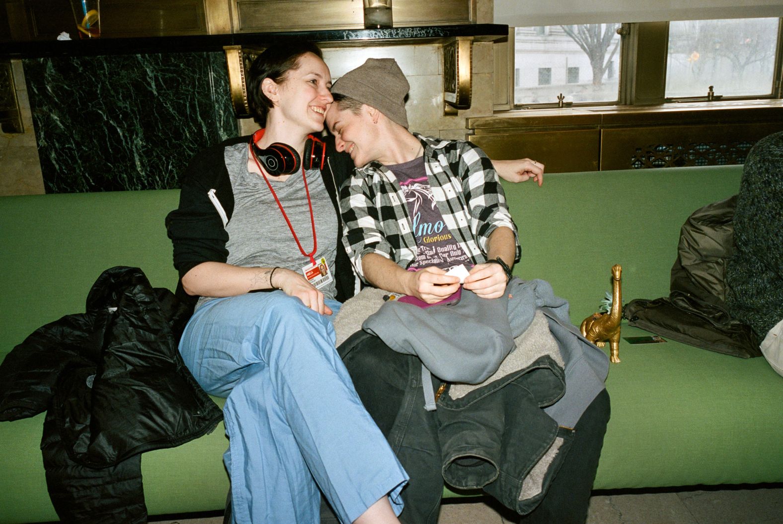 Dr. Amelia Baxter-Stoltzfus, left, and her partner, Lillis Meeh, sit inside the Manhattan Marriage Bureau in New York on March 16. The pair opted for a domestic partnership. <a href="https://www.nytimes.com/2020/03/18/fashion/weddings/coronavirus-city-hall-marriages.html" target="_blank" target="_blank">According to The New York Times</a>, "the couple had decided to become domestic partners, in large part so Ms. Meeh could be covered through Dr. Baxter-Stoltzfus's insurance." Baxter-Stoltzfus is a resident at NewYork-Presbyterian Hospital, and Meeh lost her special-effects job on Broadway after the play she was working on shut down.