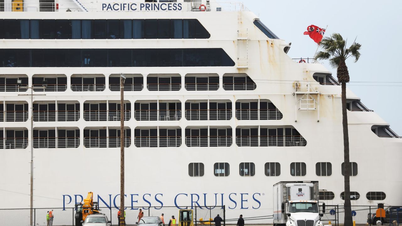 The Pacific Princess cruise ship is shown docked at the Port of Los Angeles on April 20.