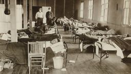 People with flu cases are pictured at the barracks hospital in Fort Collins, Colorado in 1918.